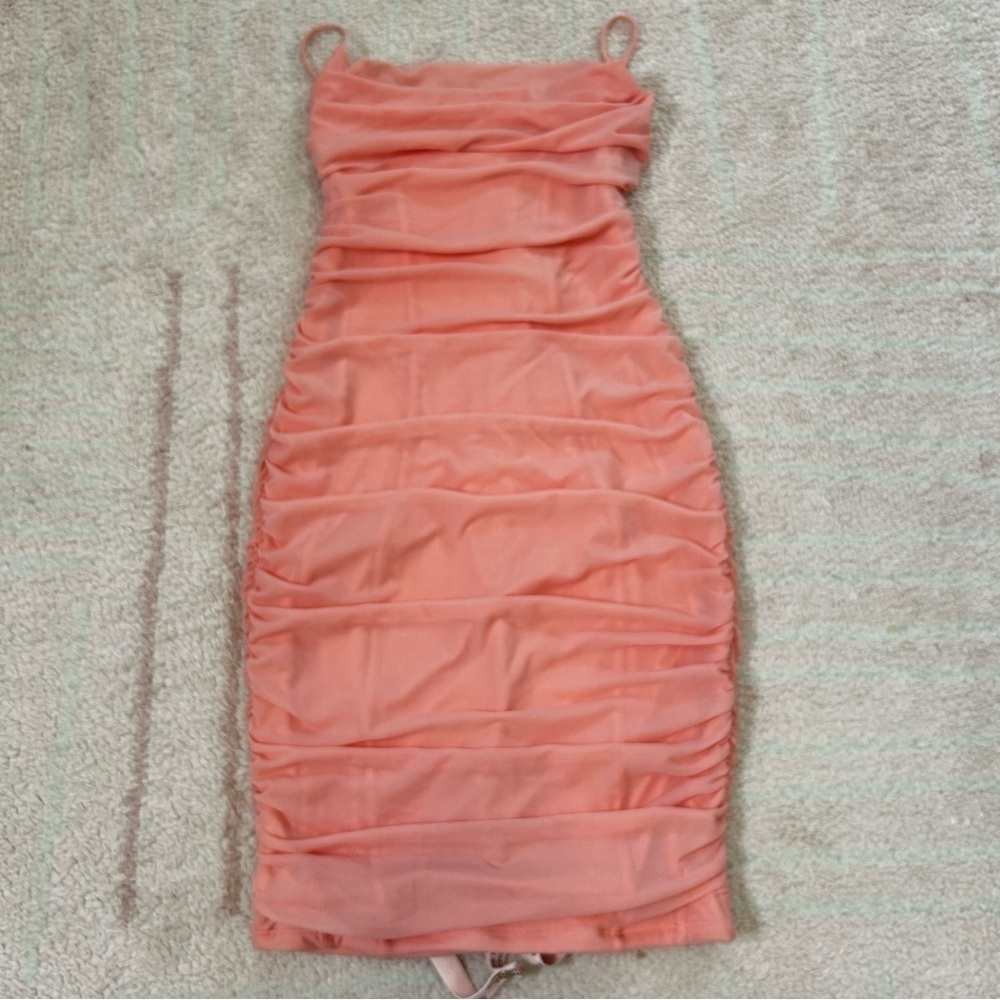 NWT Oh Polly Mesh Mini‎ Dress Size US6 Clubbing Strappy Back Peach Love Island - Picture 2 of 13